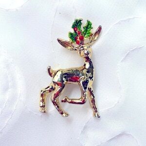 Vintage Gerry’s Signed Mid-Century Reindeer Brooch, Gold Tone/Green/Red, 1.5”x1”